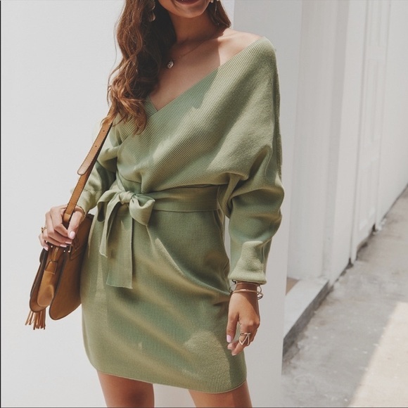 Classy Green Wrap Tie Waist Dolman Sweater Dress M - Picture 3 of 7